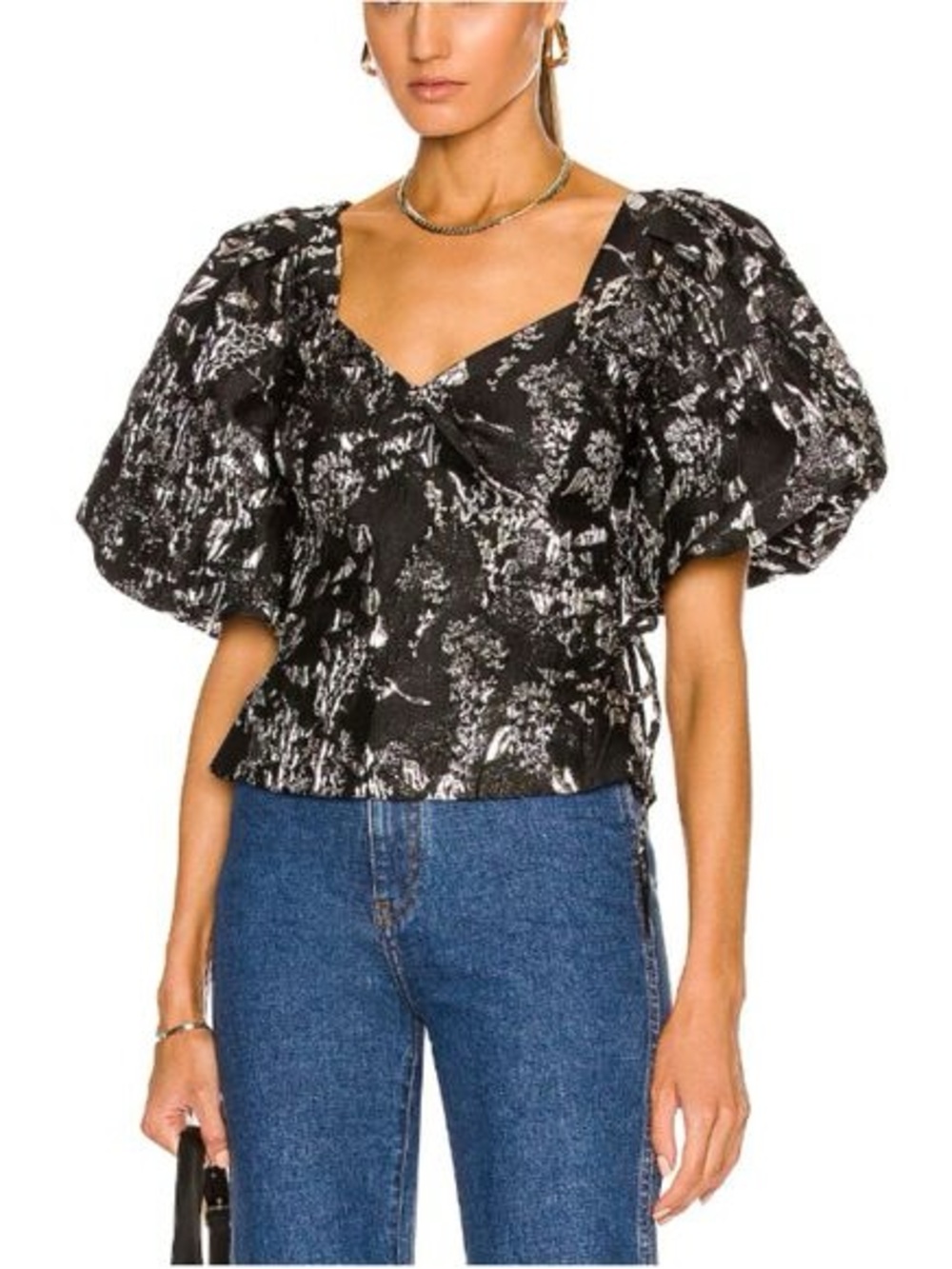 Jonathan Simkhai Floral Wrap Top Black White Puff Sleeve Size 4